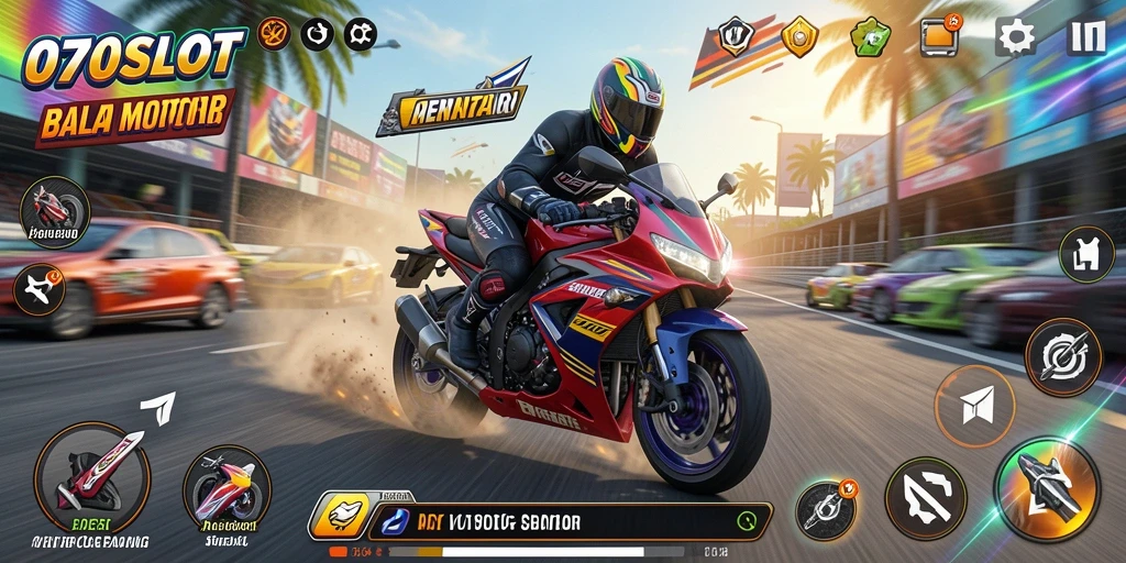 Tampilan gameplay seru dari 070SLOT yang menampilkan balapan motor mendebarkan.