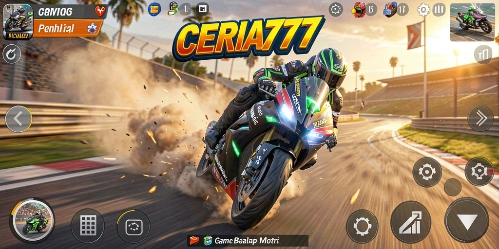 Screenshot utama CERIA777 menampilkan aksi balapan yang seru di lintasan.