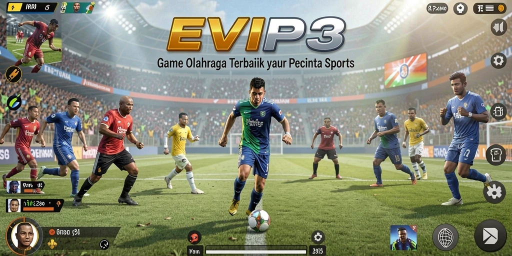 Screenshot gameplay EVIP3 menunjukkan aksi seru dalam pertandingan olahraga.