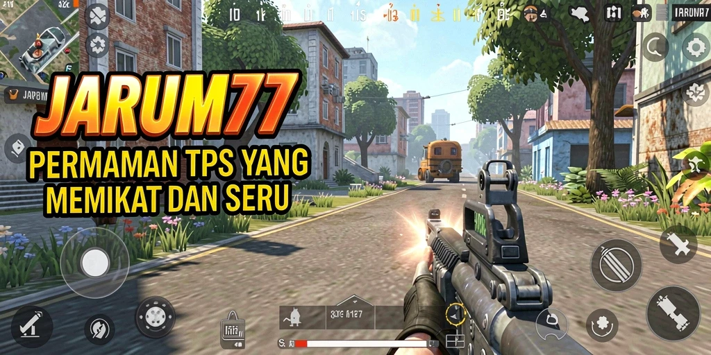 Tampilan gameplay utama JARUM77 dalam aksi pertempuran TPS.
