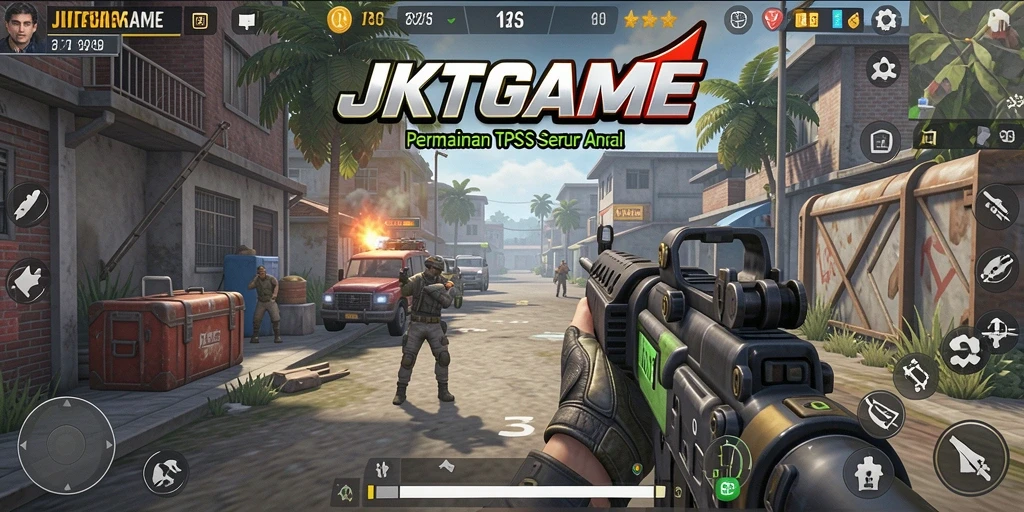Screenshot gameplay JKTGAME menampilkan pertempuran TPS yang mendebarkan.