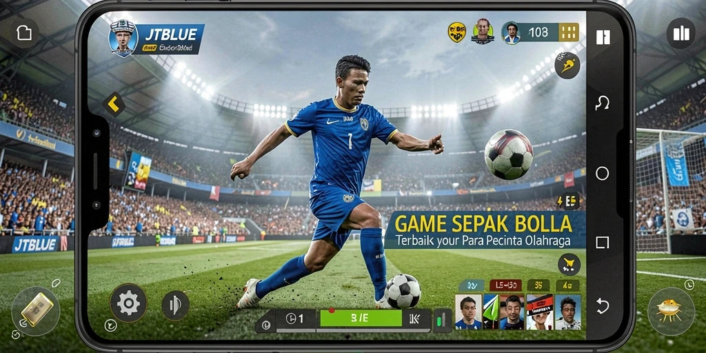 Screenshot utama JTBLUE menampilkan aksi seru pertandingan sepak bola.