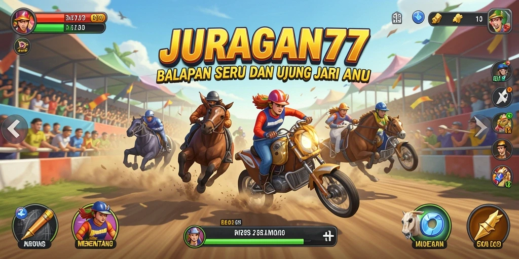 Tampilan gameplay balapan seru di JURAGAN77 dengan mobil yang berakselerasi.