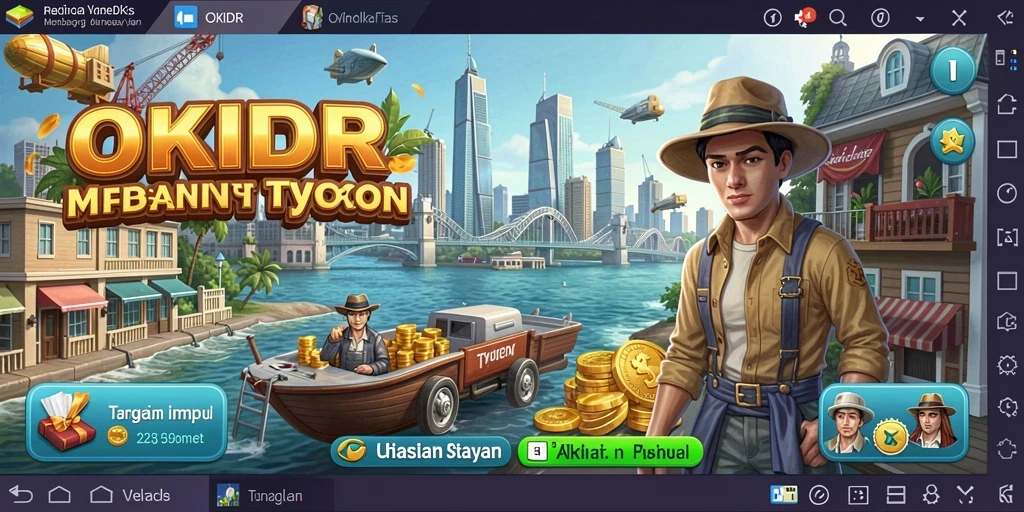 Screenshot OKIDR menunjukkan pemain mengelola bisnis dengan antarmuka yang menarik.