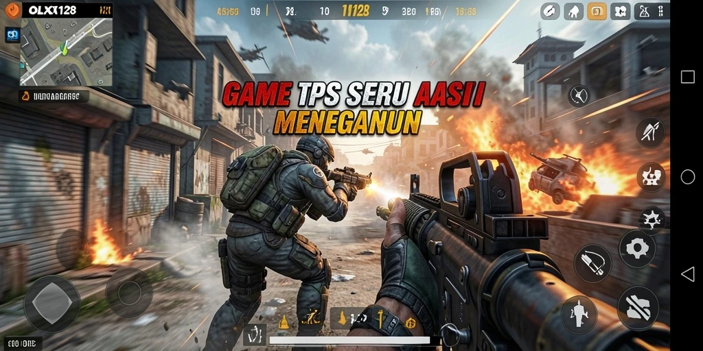 Screenshot OLX128 menampilkan aksi pertempuran seru dalam game TPS.