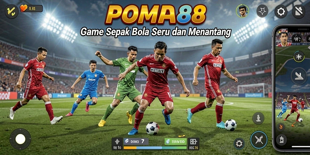 Screenshot utama POMPA88 menampilkan aksi permainan sepak bola yang mendebarkan.