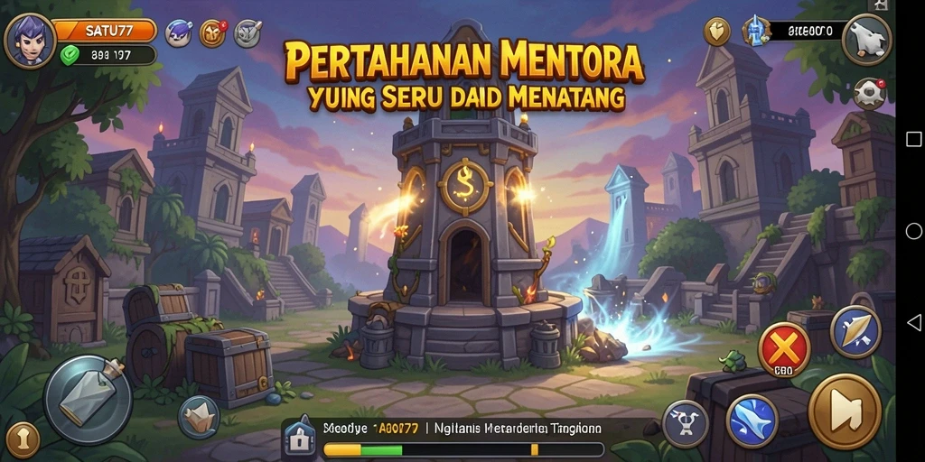Tampilan gameplay SATU77 yang menarik dalam pertempuran Tower Defense.