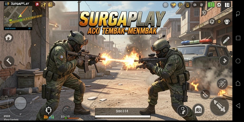 Tampilan gameplay SURGAPLAY dengan aksi tembak-menembak yang mendebarkan.