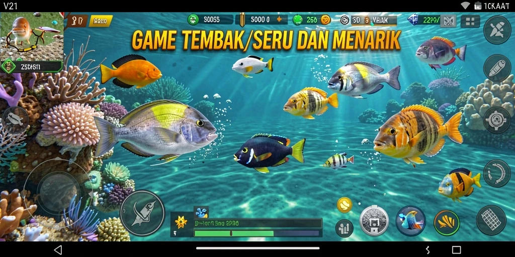 Screenshot V21 menunjukkan gameplay seru menembak ikan.