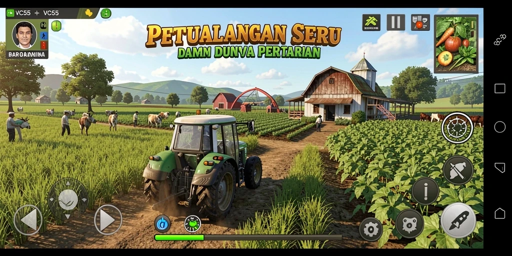 Tangkapan layar gameplay VC55 menampilkan petani yang bekerja di ladang.
